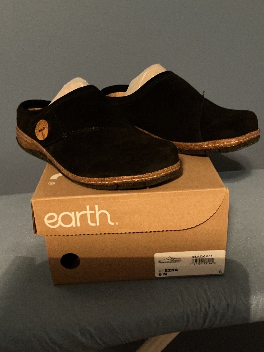 Earth Black Suede Slip-On Mule with Cork Trim